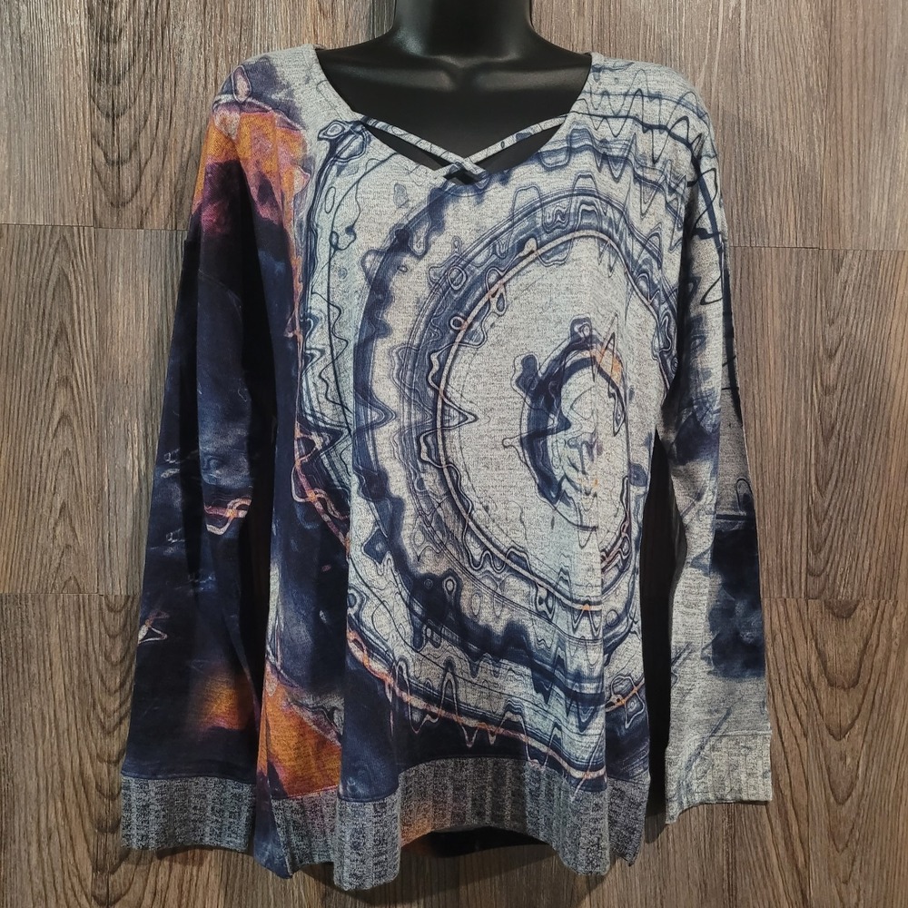 Cubism Psychedelic Art to Wear Top Size M Multicolor Long Sleeve Cross Neck